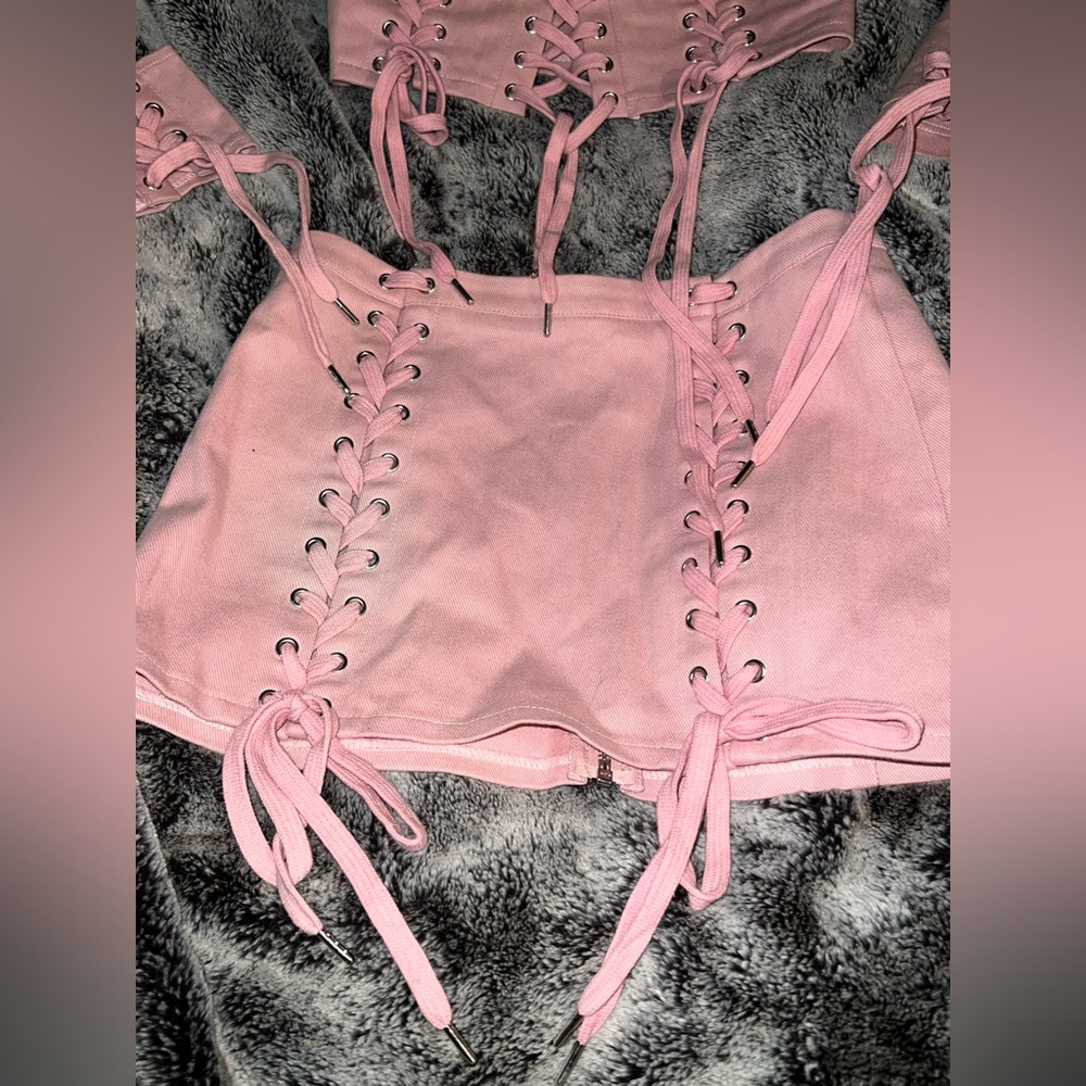 Dolls Kill Club Exx Levels Unlocked Twill Lace Up Crop Top and Skirt Set - Picture 5 of 7